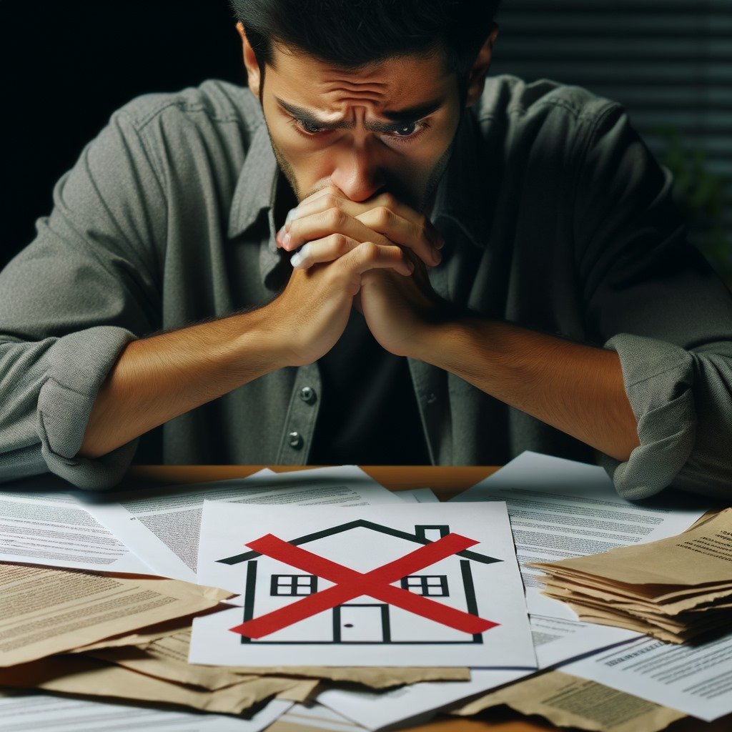 Homem pensando sério com as mãos cruzadas olhando para uma casa desenhada com um x vermelho